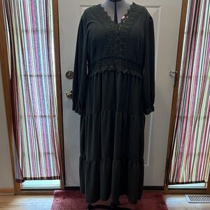 SHEIN Olive Green Long Sleeve Maxi Dress with Lace Trim